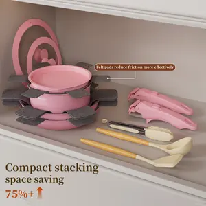 Free 3-Pc Utensil Set,19pcs Ceramic Granite Cookware Set,Cookware Sets Detachable Anti-scald Handle, Nonstick Kitchen Cookware Oven/Dishwasher/Fridge Safe, Space Saving Affordable Cookware Pink