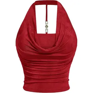Women's Plus Size Halter Draped Front Backless Tank Top Sleeveless Y2k Crop Tops