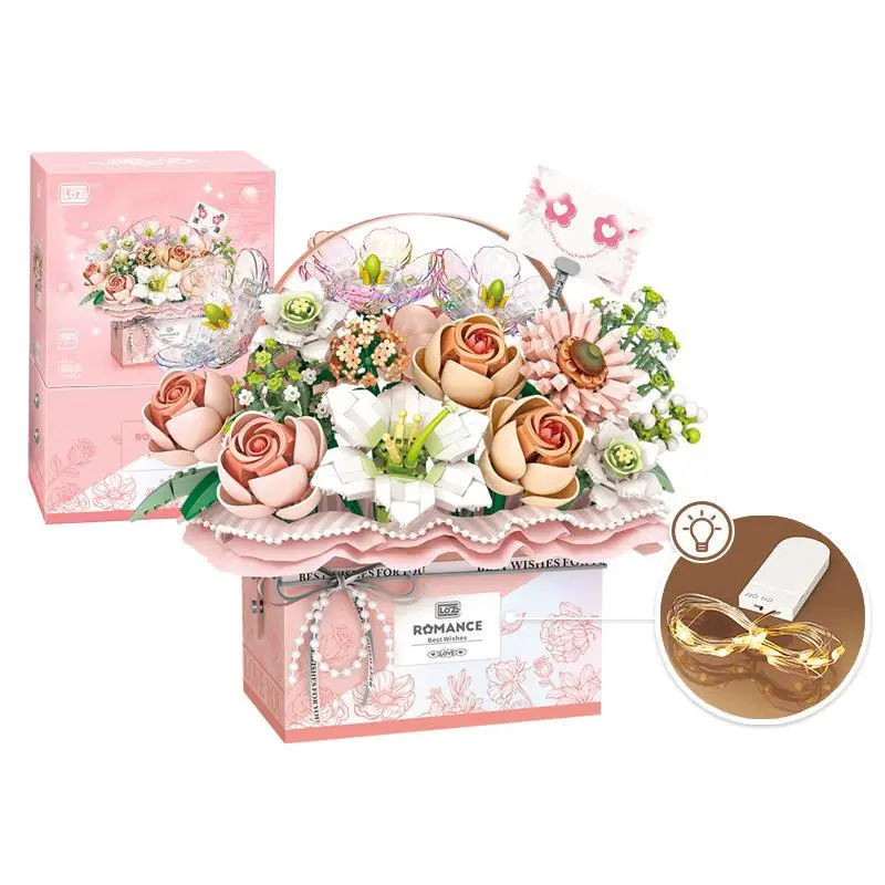 Flower Rose Assembly Building Block Toy With Light Strip, 1 Set Creative Building Blocks, Handheld Flower Bundle Gift Box For Girlfriend or Best Frien