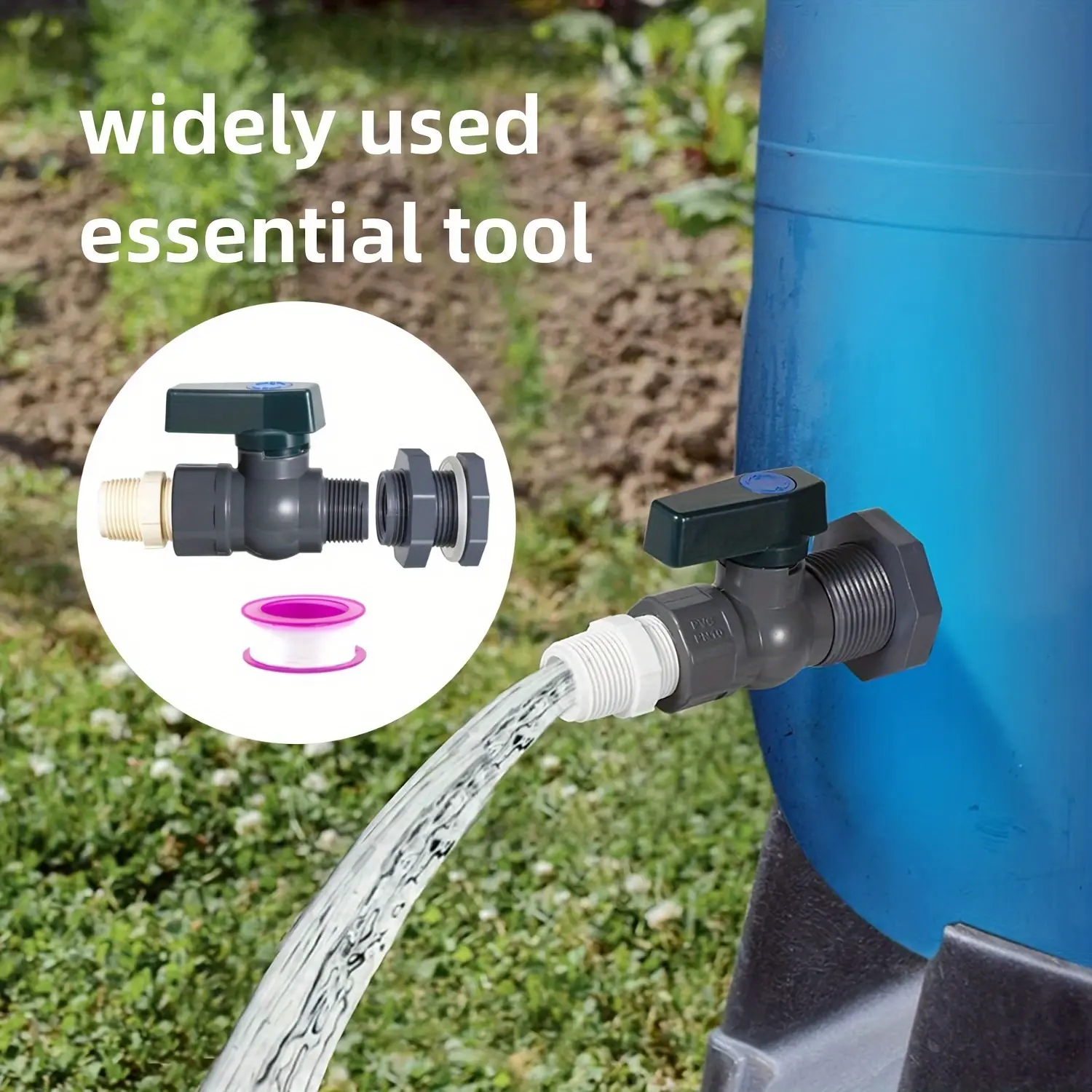 Two-Piece Rain Barrel Faucet Set, Includes One Faucet and Divider Adapter, Water Tank + Hose Tape, Aquarium and Garden Tools, Garden Hose Connector