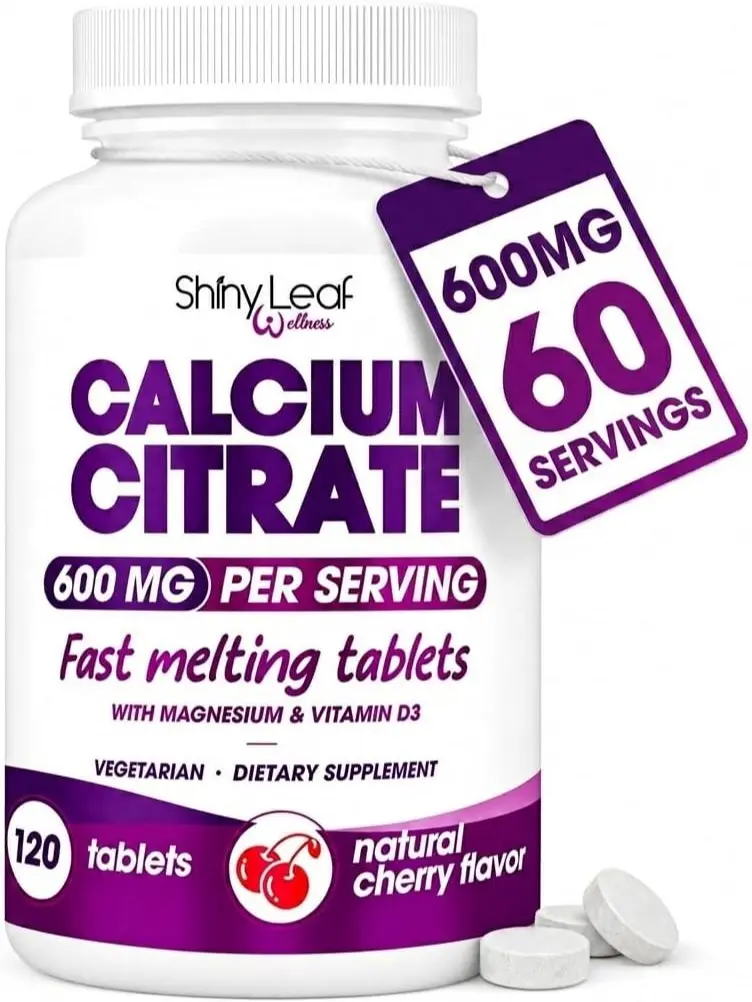Shiny Leaf Calcium Citrate 600mg with Magnesium & Vitamin D3 - 120 Count Fast-Dissolve Chewable Tablets, Non-Chalky Delicious Cherry Flavor for Bariatric Support
