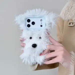 For iPhone14/15 Pro White Fluffy Puppy Phone Case 3D Cute Autumn Winter Style Shockproof Cover