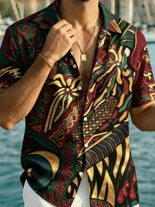 Men's 3D Fashion Summer Printed Shirt, Casual Loose-Fitting Short Sleeve Blouse, Abstract Art Print, Beach Vacation Top