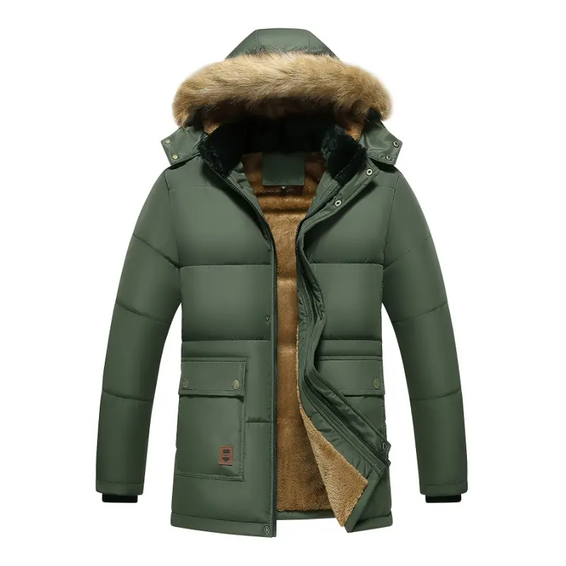 Men's Heavy-Duty Winter Jacket with Detachable Hood & Padded Insulation - Navy Blue Golden Accent Coat, Full-Zip Front, Zippered Pockets