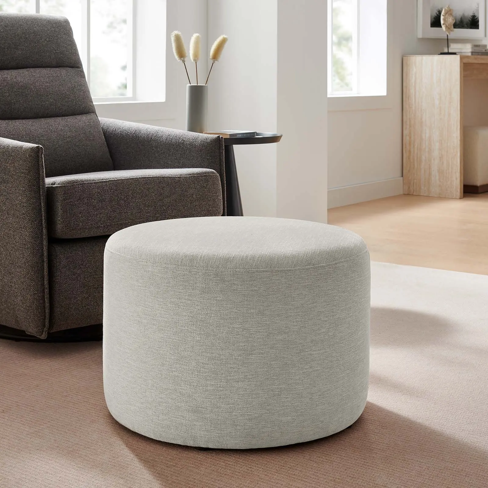 Modway Callum Large 23" Round Woven Heathered Fabric Upholstered Ottoman - Foam-Cushioned Stool, Foot Rest, Fully Assembled Upholstered Stool, Heathered Weave Ivory, Foot Rest Stool
