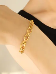 Fashion Simple Style Thick Chain Couple Bracelet Jewelry Plated 18k Real Gold, Stainless Steel Interlocking Bracelets, Women's Versatile Accessory