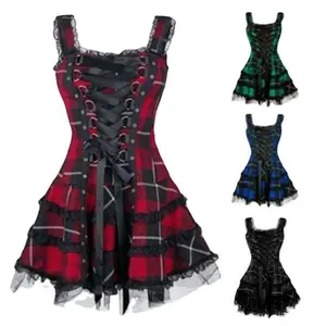 women's clothing new plaid printing lace lace dress lock buckle strap sleeveless mesh skirt