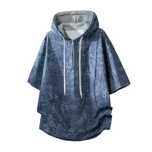 Retro washed denim hooded half-zip short-sleeve top for summer, loose oversized fit from a trendy brand, versatile piece made from breathable, skin-friendly fabric; unisex design suitable for students and couples, ideal for everyday wear.