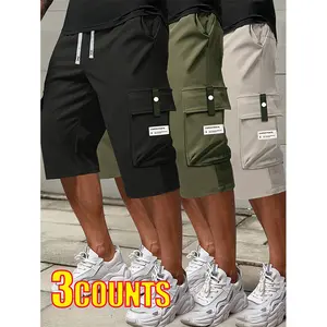 Men’s cargo 7/8 pants, 3-pack, summer, adjustable drawstring waist, large pockets, letter patches—fashionable sports-casual trousers