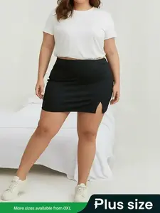 Plus Size Solid Split Thigh High Waist Skirt, Elegant Fashion Casual Minimalist Fitted Bodycon Stretch Skirt for Daily Outdoor Wear, Women Plus Clothing for All Seasons