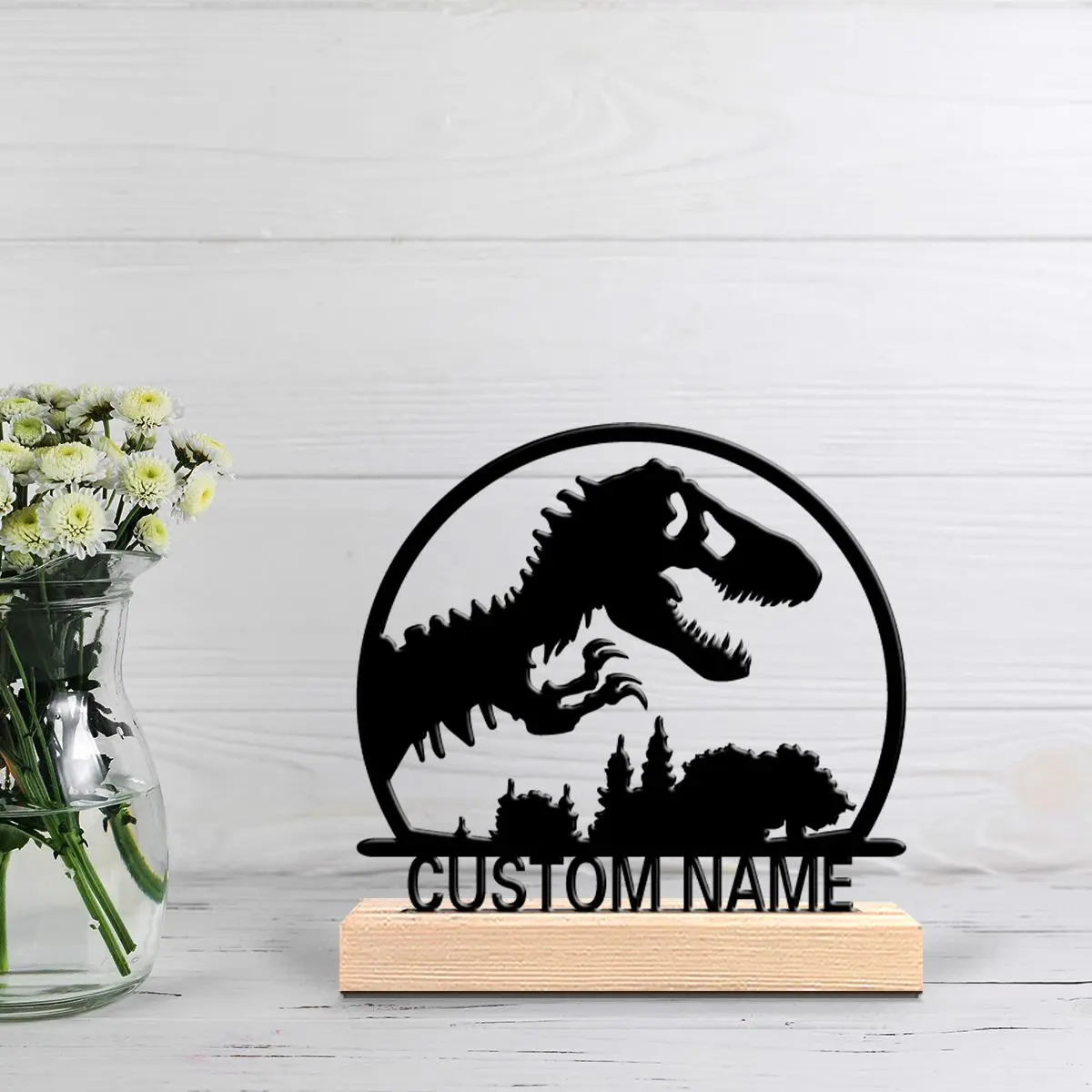 1pc Romantic Personalized Custom Dinosaur  Metal Statues Dinosaur Enthusiast Gift With Wooden Base, Perfect For Offices, Bedroom