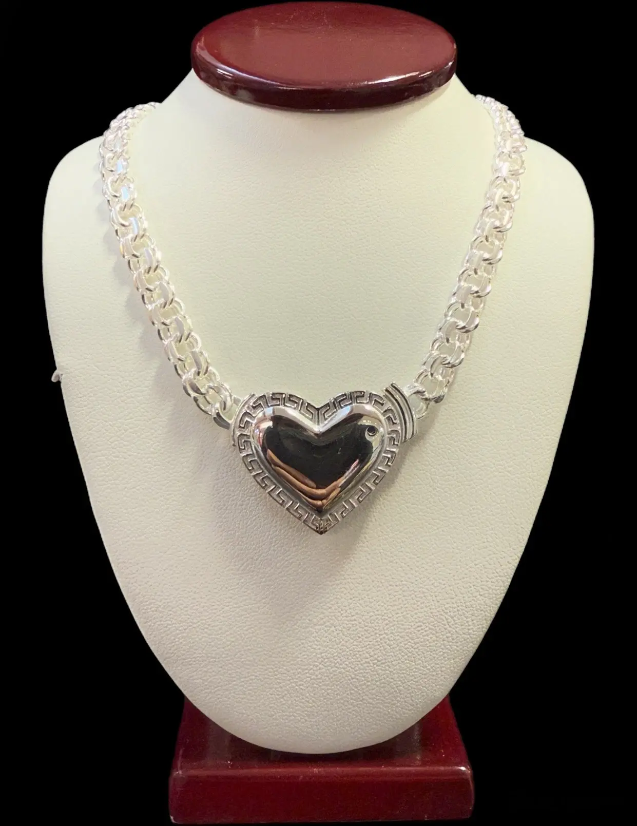 Ali Jewelers 6.5 mm Heart Motif Chino Link Chain Silver Necklace 