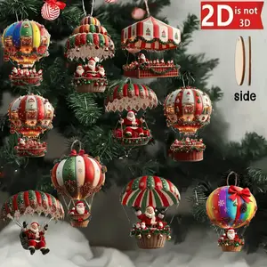 10Pcs Christmas Wooden Hot Air Balloon Santa Claus 2D Flat Wooden Pendant Christmas Tree Decoration Perfect Holiday Gift Decor
