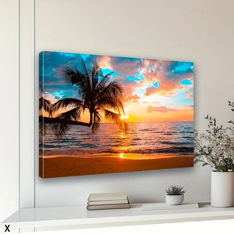 Framed, Tropical Beach Canvas Wall Art with Palm Trees and Sunset Coastline, Ocean Seascape Poster for Living Room, Bathroom, or Office