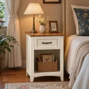 Farmhouse Nightstand with Charging Station, 1 Drawer & Open Shelf, Wooden Bedside Table for Bedroom & Living Room,Color-Blocking，1PCS
