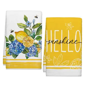 Spring Summer Hydrangeas Lemons Kitchen Towels, Hello Sunshine Dish Towels Set of 2, Spring Floral Holiday 16 x 24 Inch Hand Towel Quick Drying Dishcloth Decor for Kitchen Bathroom Home