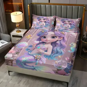 Cute Little Mermaid Princess Pattern Fitted Sheet,Colorfast,Bedsheet Sets,Including 1 Bed Sheet and 2 Pillowcases,The Non Slip Dust Cover is Suitable for children and teenagers' Bedrooms and Guest Rooms,Suitable for Personal Use or as a Gift for Others