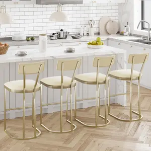 GAOMON Bar Stools Set of 4, High Back Counter Height Bar Stools with White Velvet Upholstery & Gold Metal Legs, Soft Padded Kitchen Island Stools, Bar Chairs for Home Bar (White & Gold)