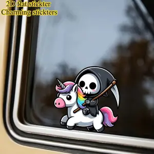 1PC Funny Grim Reaper Riding Unicorn Decal Cartoon Style for Car Window Decoration Exclusive for Trendy Enthusiasts Car Exterior Sticker