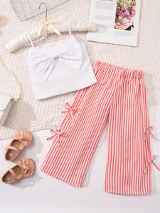 Girls Summer / Striped Set, Baby Girl Clothes, Baby Bow Tank Top & Stripe Wide Leg Pants, Soft Breathable Casual Wear