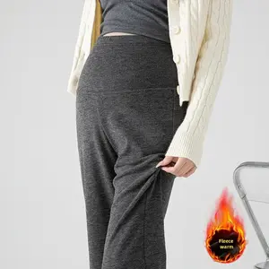 New Maternity Loose-Fit Fleece-Lined Petite Pants Autumn/Winter Style Microbell Bottoming Thickened Trousers For Pregnant Women