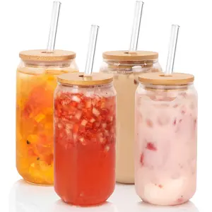 18oz Can Shaped Cups Drinking Glasses with Bamboo Lids and Glass Straw 4pcs Set - Beer Glasses, Iced Coffee Cute Tumbler Cup, Ideal for Cocktail, Whiskey, Gift Cleaning Brush