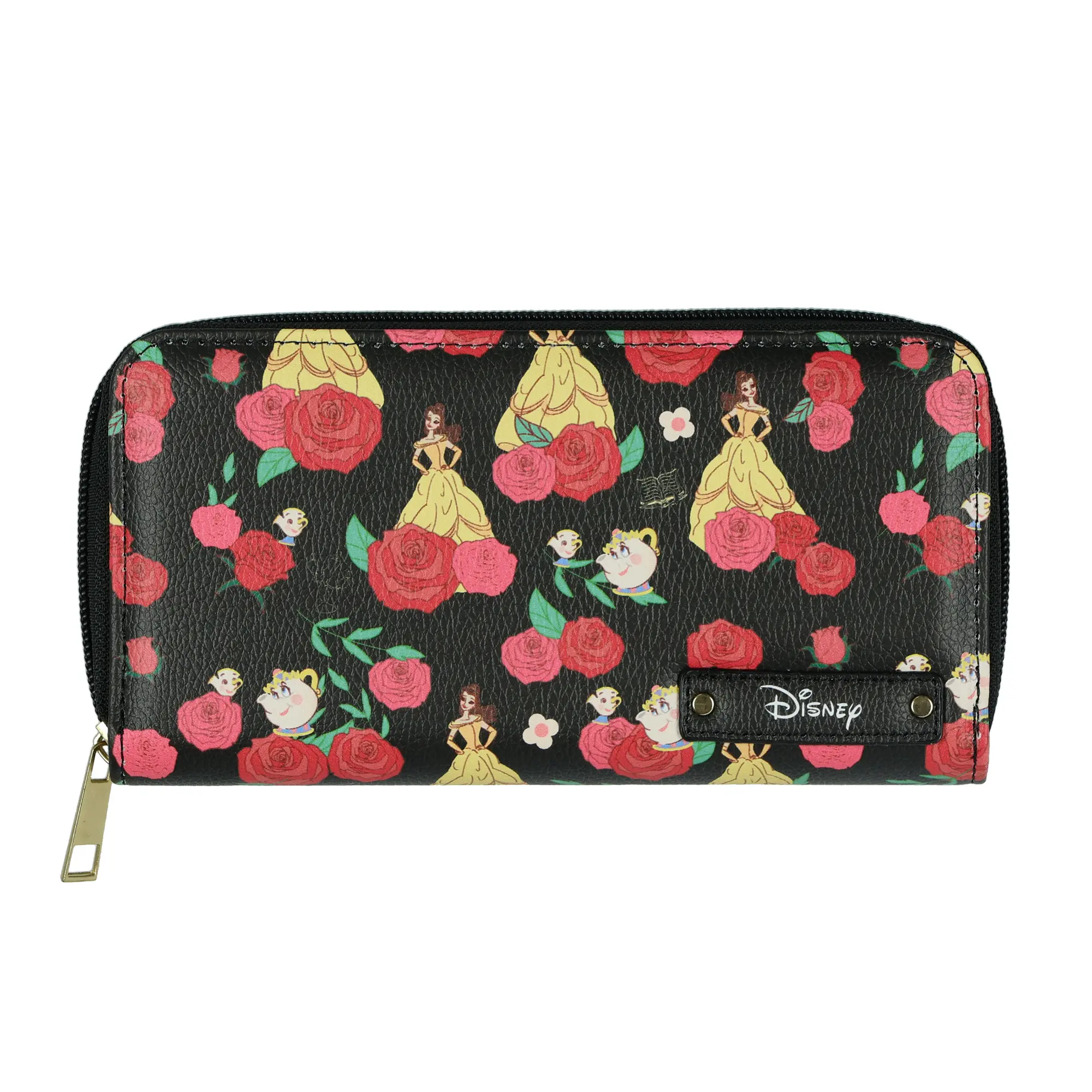 Disney Beauty and The Beast Wallet Allover Belle and Roses Design Full Zip Clutch, Purse Wallet, Black Wallet