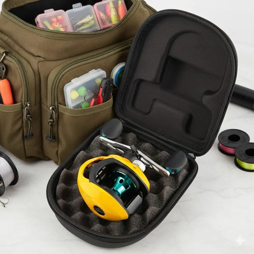 Ultralight Waterproof Fishing Reel Case - Shockproof Scratch-Resistant Travel Cover for Baitcasters Spinning Reels. Portable EVA Storage Bag, Left Right Hand Compatible Fishing Gear Accessory.