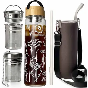 32oz Borosilicate Glass Water Bottle with  Lid and 2  Infuser Sets for Fruit Infused Water and Cold Brew Coffee -  Strainer for Loose Leaf  (Flower)