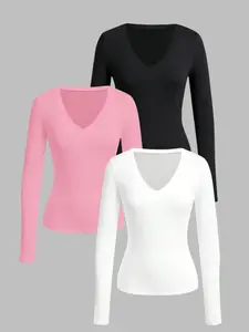 Women's Deep V Neck Stretchy Long Sleeve Basic Tee Set, 3 Piece Pack, Casual Slim Fit Tops, Casual Fashionable Top for Spring & Fall Seasons