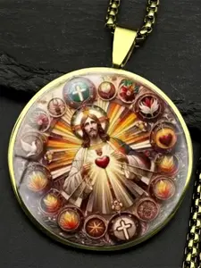 Mercy Jesus Necklace, Zinc Alloy Frame with Clear Glass, Catholic Blessing Pendant Necklace.