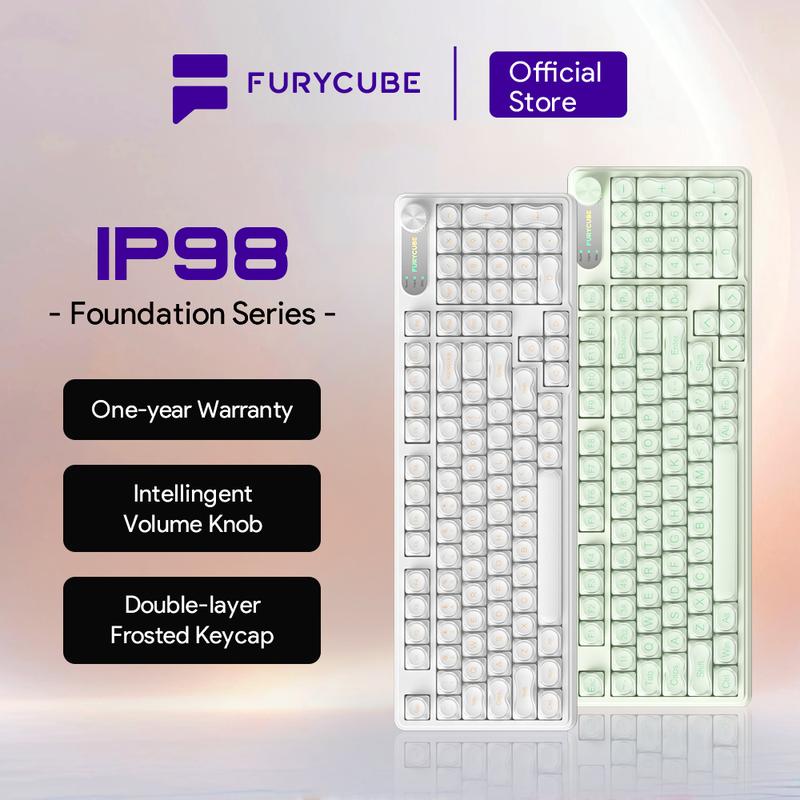 FURYCUBE IP98 Foudation Keyboard, 98 keys with Knob Transparent Keycaps Tri-Mode BT/2.4GHz/USB-C Cute Classic Keyboard with Number Pad, Media Knob Custom Mechanical Feel Keyboard, RGB Backlit Work/Office/Gaming Silent Keyboard, Budget Gift