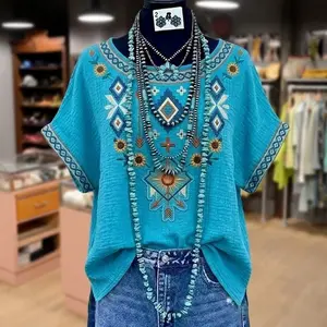 Cherrybetty 100% Cotton Retro Ethnic Embroidered Dolman Sleeve Cotton Blouse Outfit Inspo Spring Fashion Going Out Tops Sweety Comfort Elegant Outfits