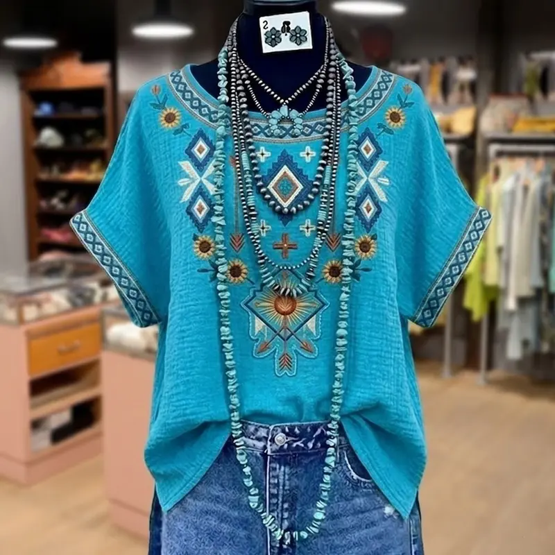 Cherrybetty 100% Cotton Retro Ethnic Embroidered Dolman Sleeve Cotton Blouse Outfit Inspo Spring Fashion Going Out Tops Sweety Comfort Elegant Outfits