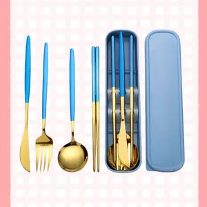4 Pieces Stainless Steel Flatware Set Portable Reusable Cutlery Set Travel Utensils Set Including Chopsticks Knife Fork Spoon Straws