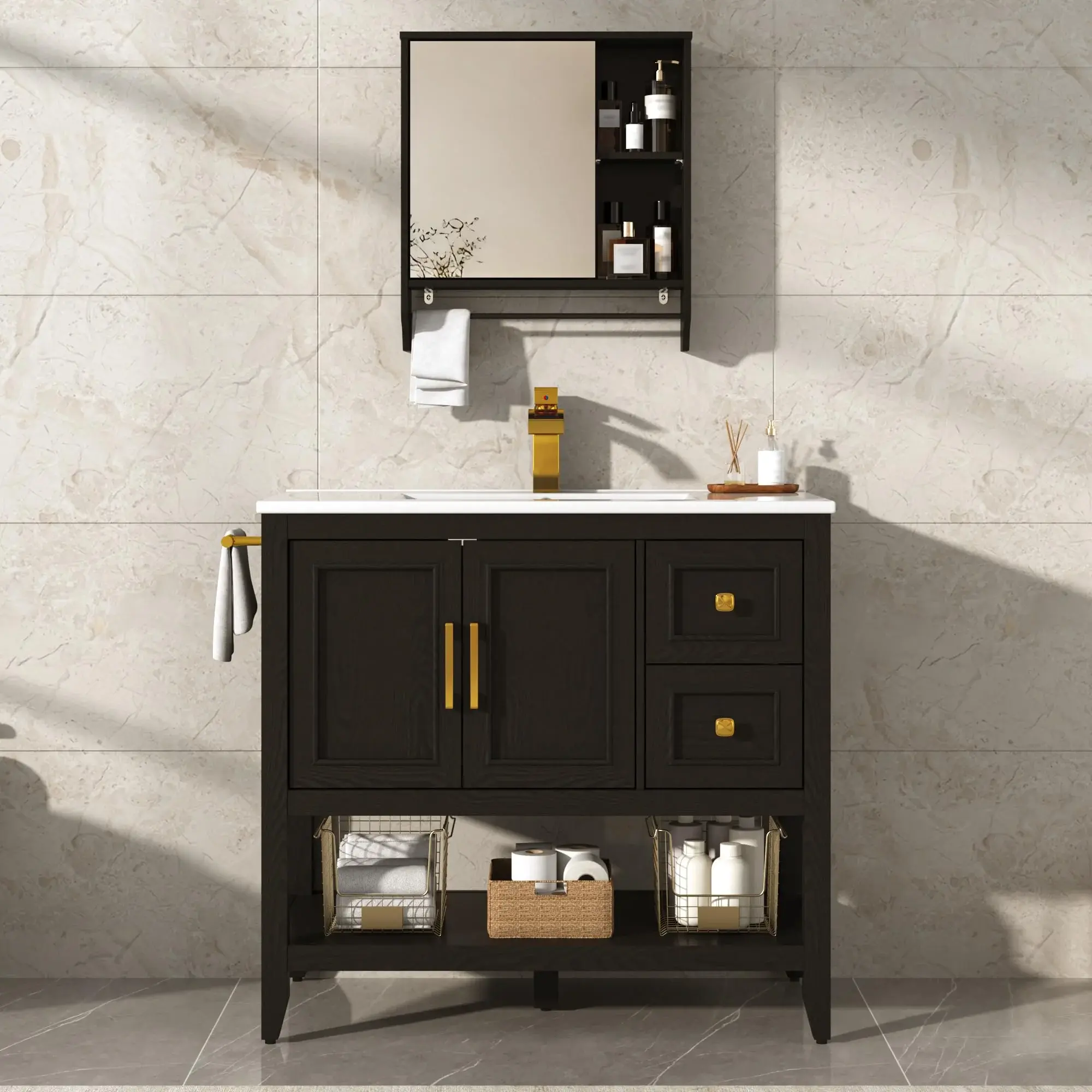 36-Inch Single Sink Farmhouse Bathroom Vanity Set for Indoor Use, with Faucet, Rectangular Mirror Cabinet, and Ample Storage Space