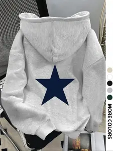 Women's Dropped Shoulder Loose Hoodie with Star Print, Long Sleeve Fashion Casual Drawstring Pocket Sweatshirt, Fall & Winter Outdoor Wear