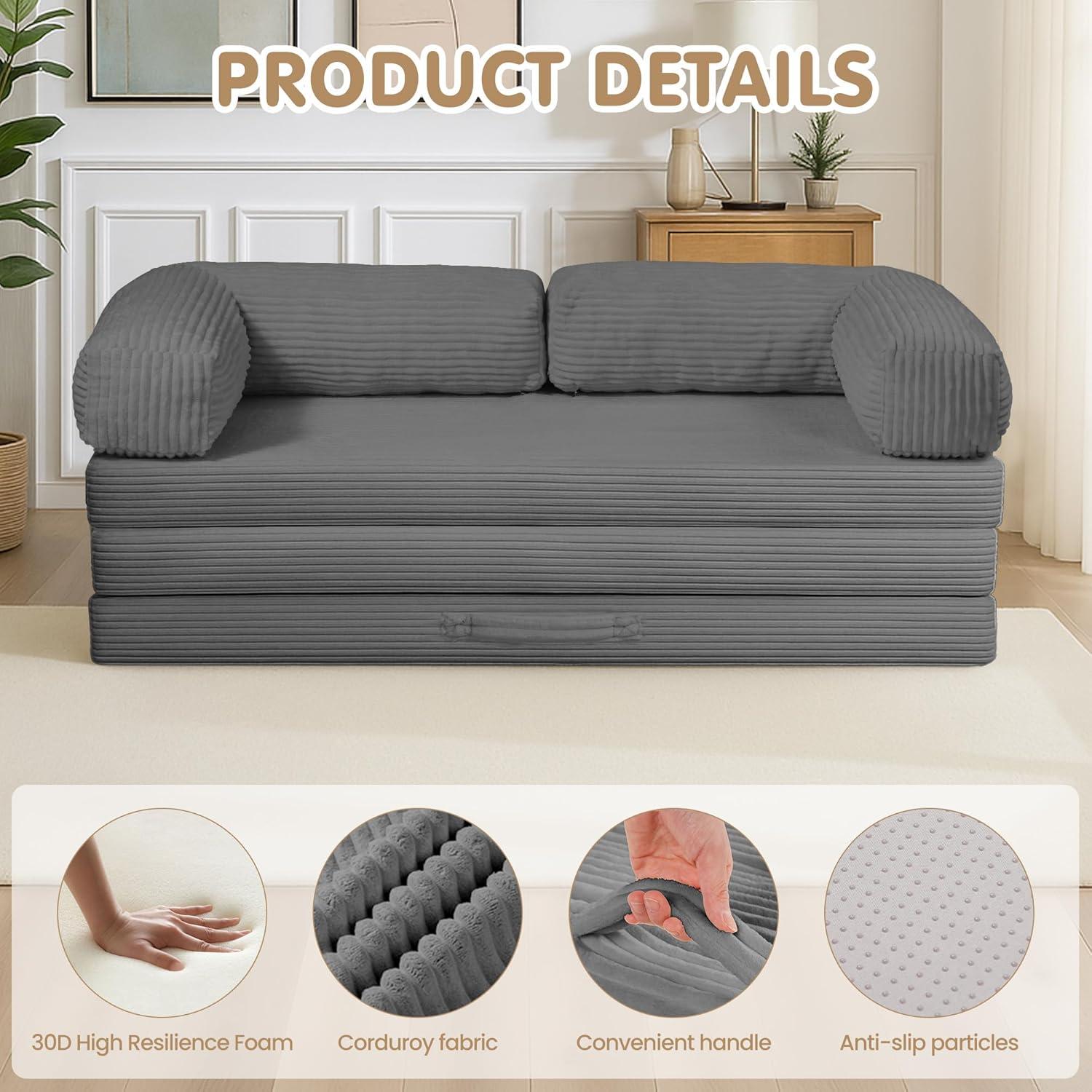 Winzoo 5-in-1 Convertible Sofa Bed,Boneless Couch Tri Folding Floor Mattress with Removable L-Shaped Armrests & Handle,Corduroy Futon Couch Sleeper with Pull Out Bed for Living Room Bedroom Apartment