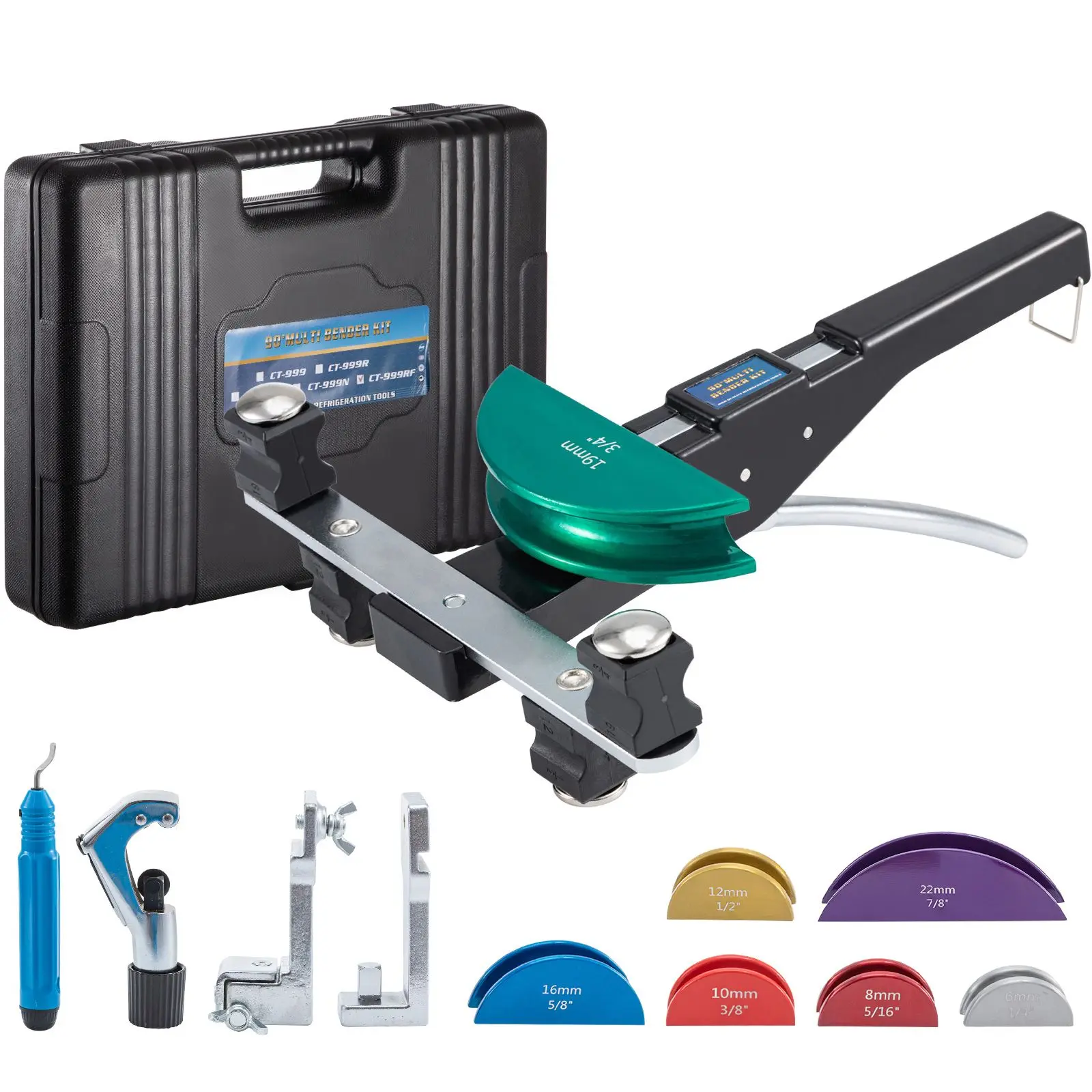 High-Quality Ergonomic Pipe Bender with 7 Colorful Dies (1/4-7/8 in, 6-22 mm), 90° Forward & Reverse Bending, Reverse Bend Attachment for Copper, Aluminum & Thin-Walled Steel Tubing, Sturdy Hand Tool