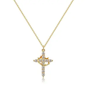 Women's Gold Plated Layered Cross Pendant Necklace - Sparkling CZ Stones, Elegant Long Chain, Hypoallergenic Cubic Zirconia Jewellery for Daily Wear or Special Occasions