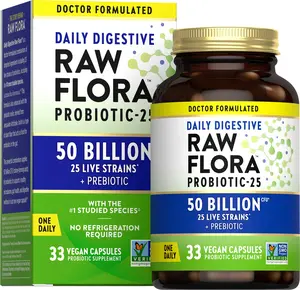 Raw Flora Daily Digestive Probiotic, 50 Billion CFU, 33 Vegan Capsules, Digestive Health Support