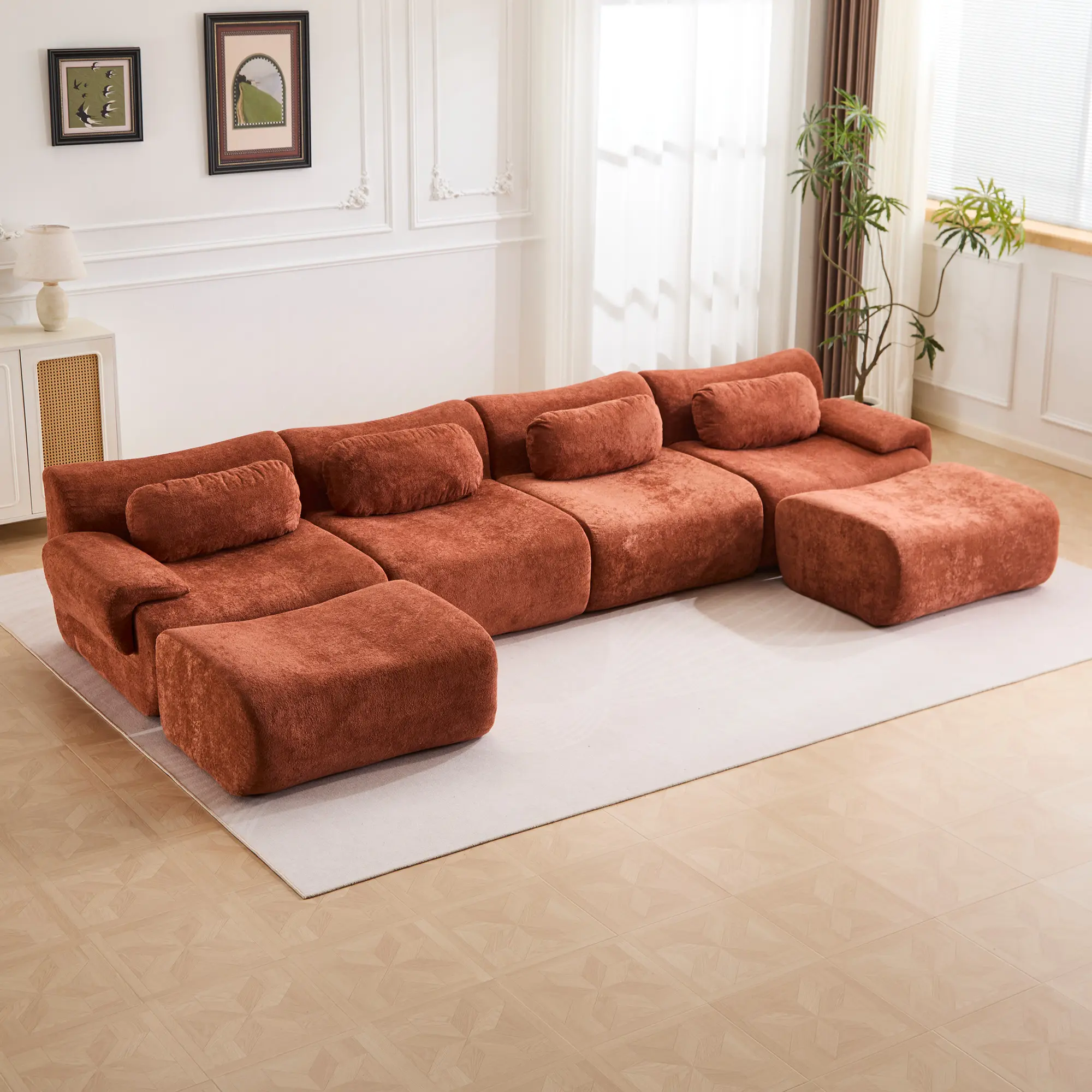 Red Brown - 4 Seater + 2 Ottomans (148.2")