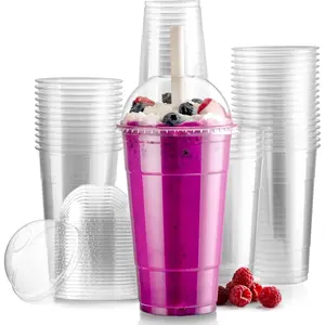 50 Pack Disposable Plastic Coffee Cups with Dome Lids, To Go Iced Coffee Cups with Lids, BPA Free Clear Parfait Cups for Party, Smoothie, Bubble Boba, Juice, Frappuccino, Milkshake