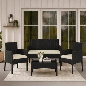 【Smart Buy】Costoffs 4-Piece Outdoor Reception Set with 1/2-Seat Sofa 2 Single-Seat Sofas & Coffee Table Patio Rattan Furniture Tempered Glass Top Cozy Garden Seating