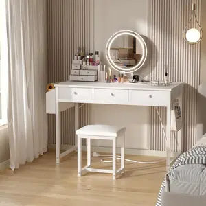 White Makeup Vanity Desk with Mirror and Lights, 40 inch Make Up Vanity Desks with Fabric Drawers & Power Outlet, Dressing Table and Chair Set for Girls Bedroom, White