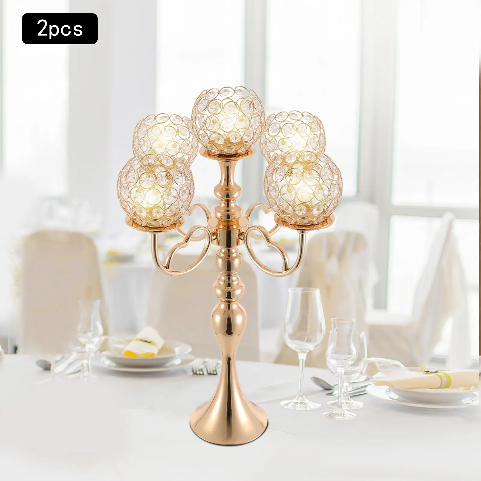 CNCEST 2-Piece Modern Metallic 5-Arm Candleholders Set, Electroplated Golden Finish, Heat-Resistant Glass Tea Light Holders, Heart-Shaped Accents, Desktop Home Decor Ornaments, Ideal Wedding Gift
