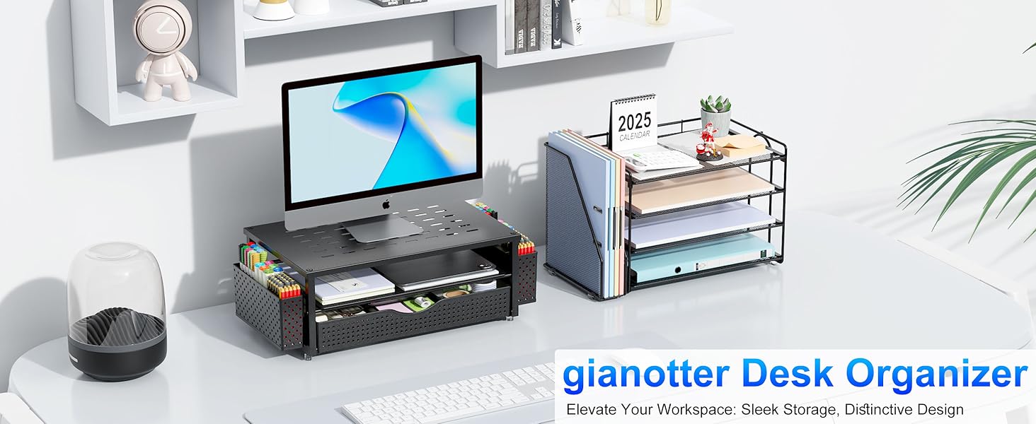 Elegant Monitor Stand with Sliding Drawer & Two Pen Holders Desktop Organizer for Office & Dormitory Use with Ventilation & Non-Slip Pads