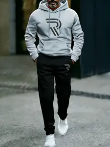 Men's Two-Piece Sportswear Set Casual Hooded Sweatshirt & Sports Jacket Navy Blue with Logo