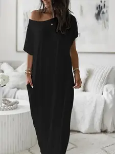 Women's Solid Color Sleepwear Loungewear, Micro-Stretch Stretchy Soft Smooth Polyester Fabric, Fashionable Design Large Round Neck Loose Fit Short Sleeve Long Nightgown