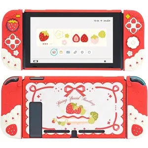 Protective Case for Switch Slim Cover Case Compatible with Switch Separable Soft Silicone Protective Shell for Joy Con with 2 Thumb Grip Caps- Strawberries with Cream